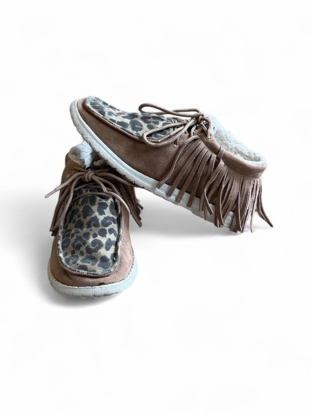 Very G brown Fringe Moccasin with Leopard Print